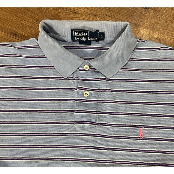 Vintage Ralph Lauren Polo Shirt Mens Large Blue Pink Black Striped Short Sleeve - Picture 2 of 11